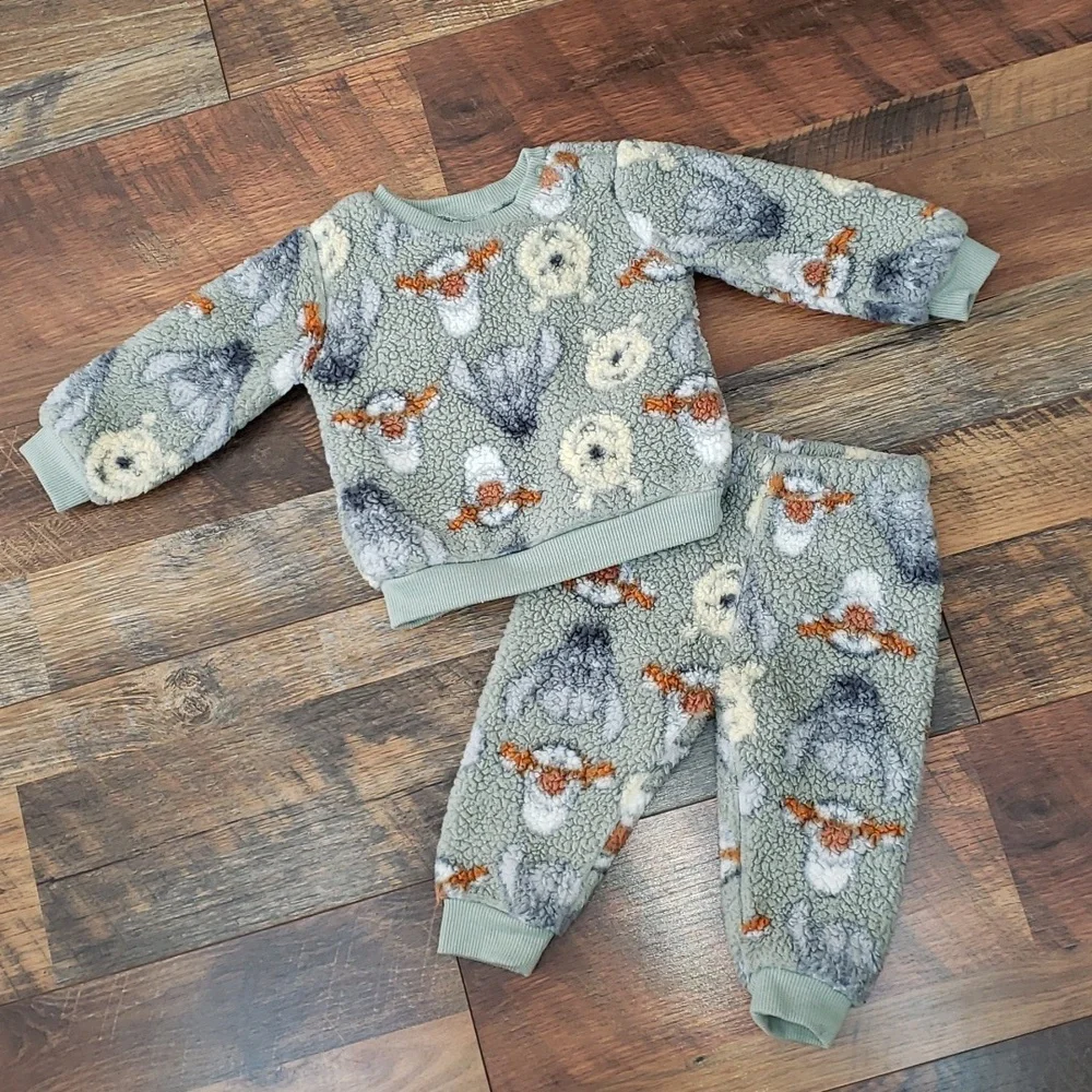 Disney Baby Winnie the Pooh Green Sherpa Fleece Unisex Matching Set, Size 6-9M